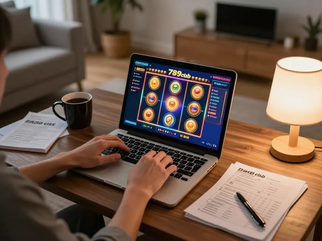 Engaged player experiencing thrilling 789club slot games on a laptop in a cozy home setup