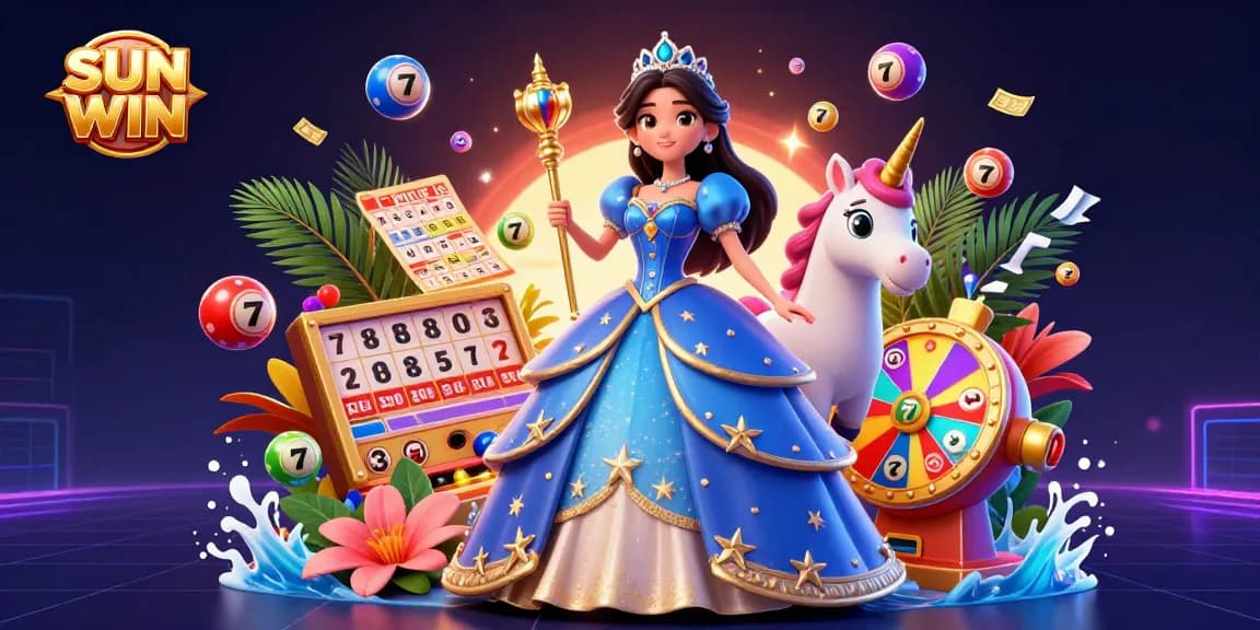 Experience the excitement of SUN WIN with lively slot reels and magical elements in this 3D casino scene.