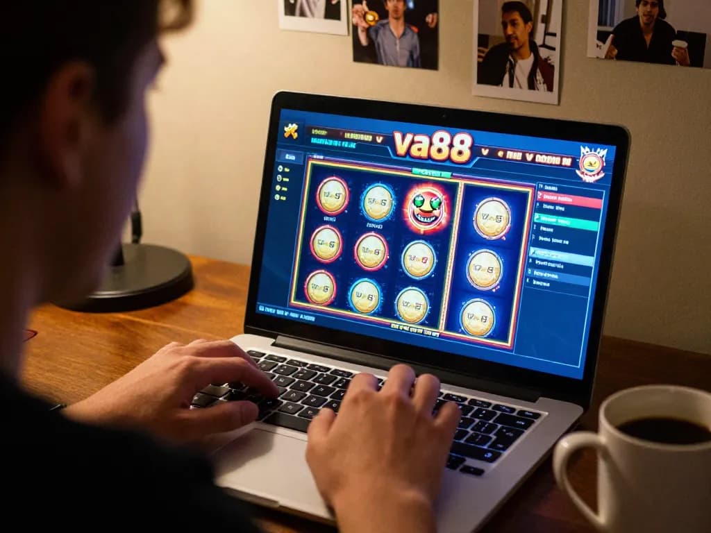 Player engaging with va88 online casino game on laptop at home, showcasing immersive gaming atmosphere.
