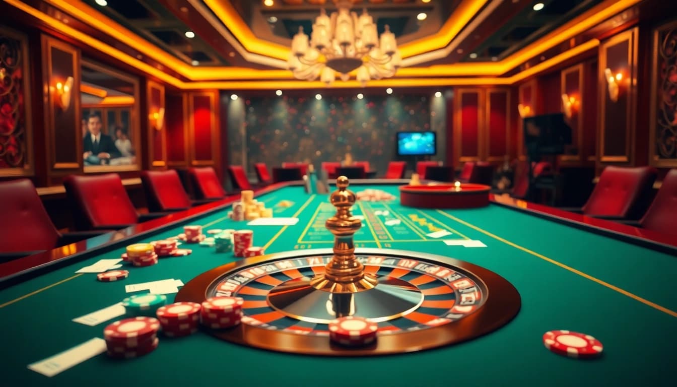 Is SHBET có uy tín không? Engage with a glamorous casino scene featuring poker chips and roulette.