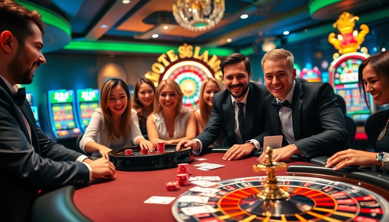 Players celebrating wins at 22jl org casino games with poker chips and roulette wheel.