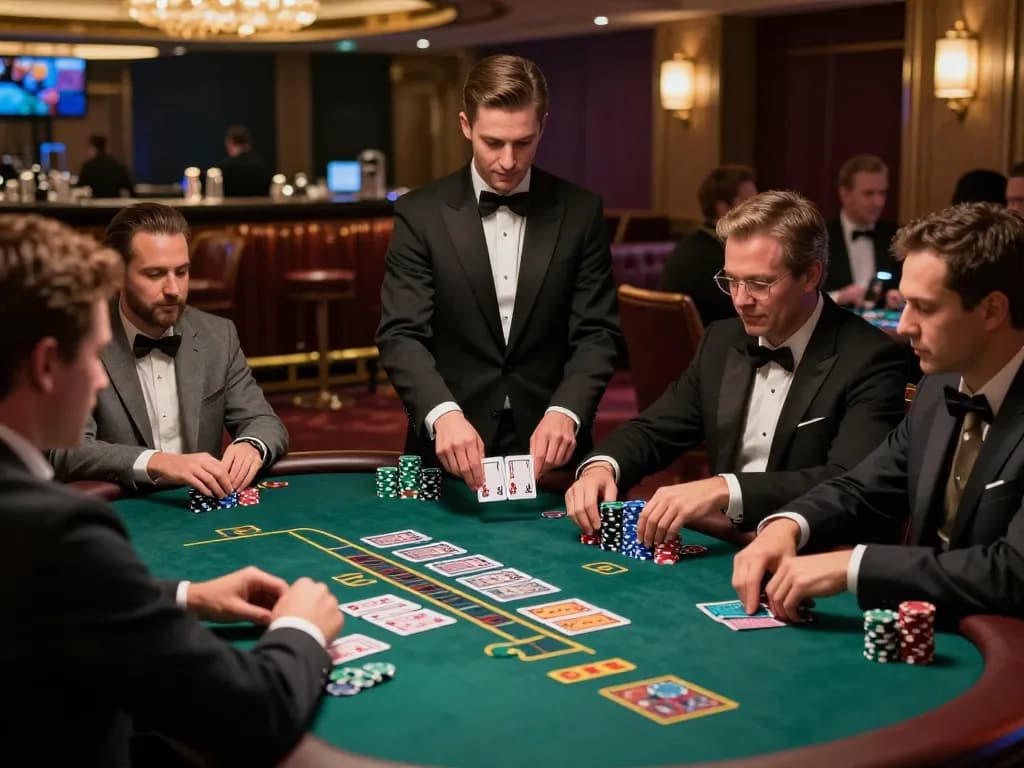 hm88 players strategizing their moves at an upscale blackjack table in a vibrant casino atmosphere
