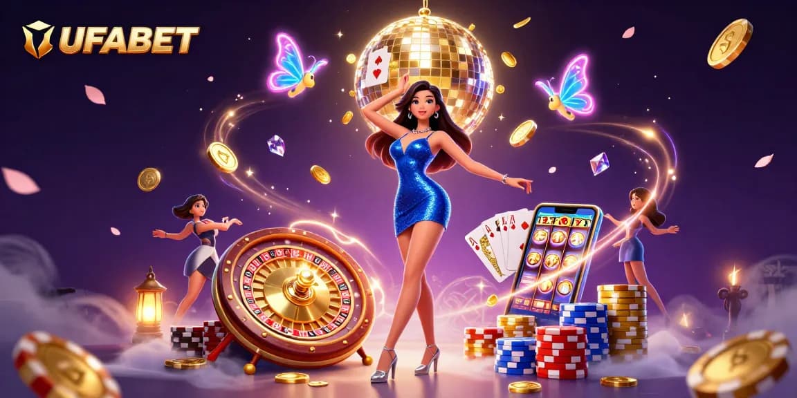 Experience winning at UFABET with a glamorous woman in a dazzling casino scene showcasing vibrant gaming elements and a digital ambiance.