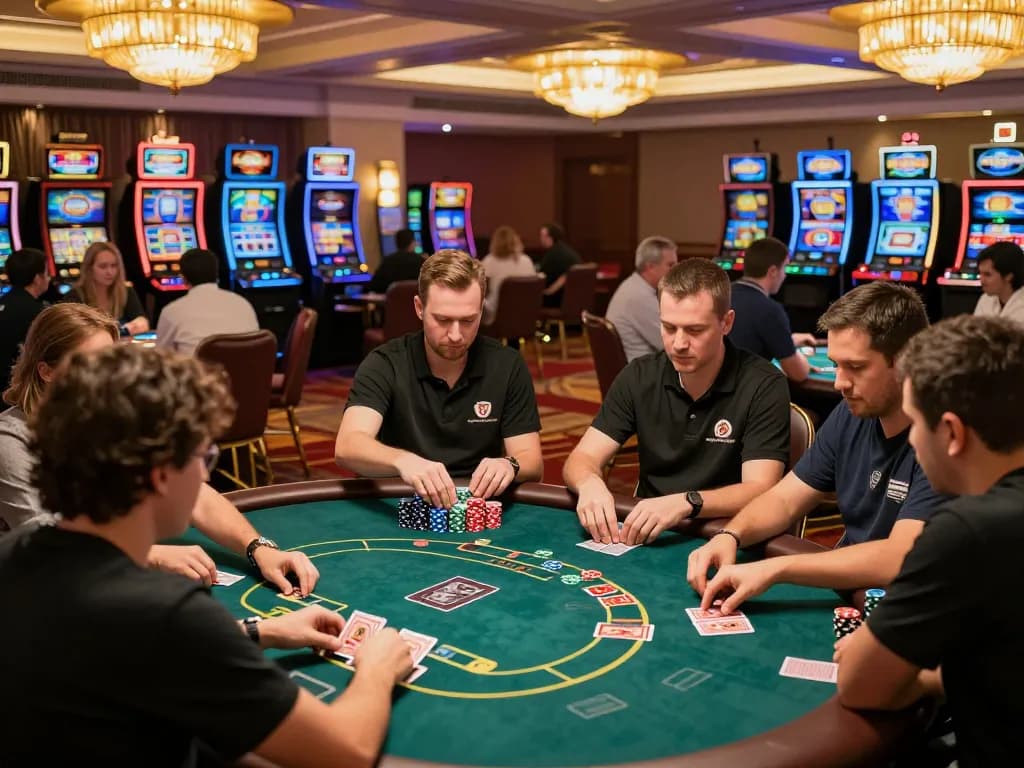 LC88 poker players engaged in a thrilling game, dealer shuffling cards under warm casino lights.