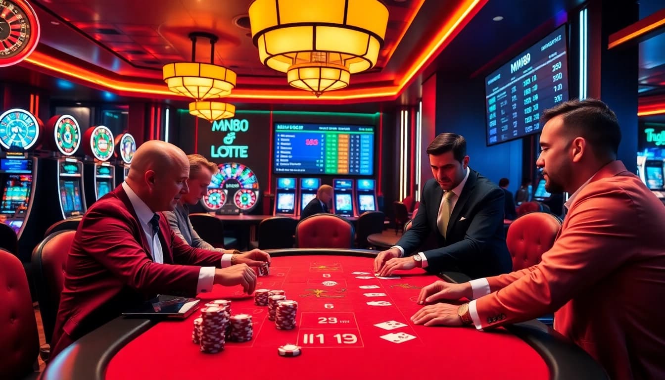 MM88 poker players strategizing at a high-stakes table in an exciting casino atmosphere.