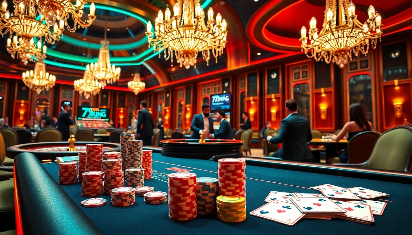 Engage in a thrilling poker game at 79king's luxurious casino table, surrounded by vibrant chips and cards.