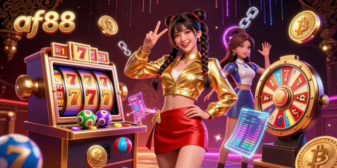 Experience the excitement at af88 with vibrant slot games and dynamic digital elements in a stunning casino scene.