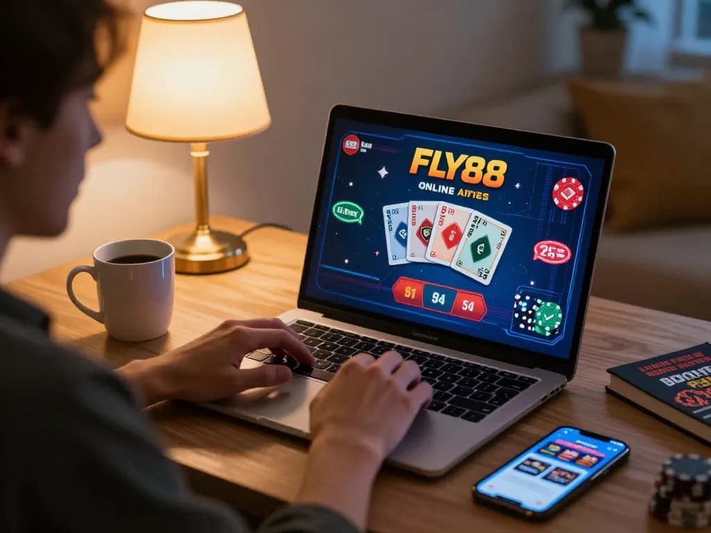 FLY88 online gaming strategy session with laptop showing poker cards and betting options