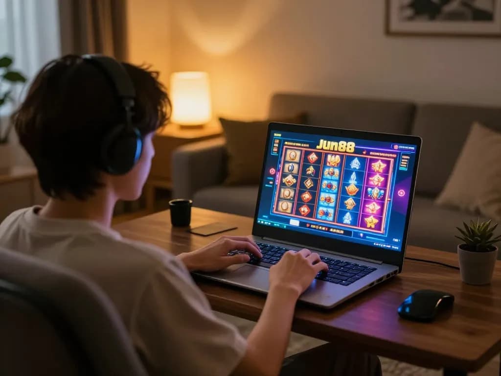 Player enjoying Jun88 online slots on a laptop in a cozy home setting, highlighting modern gaming trends