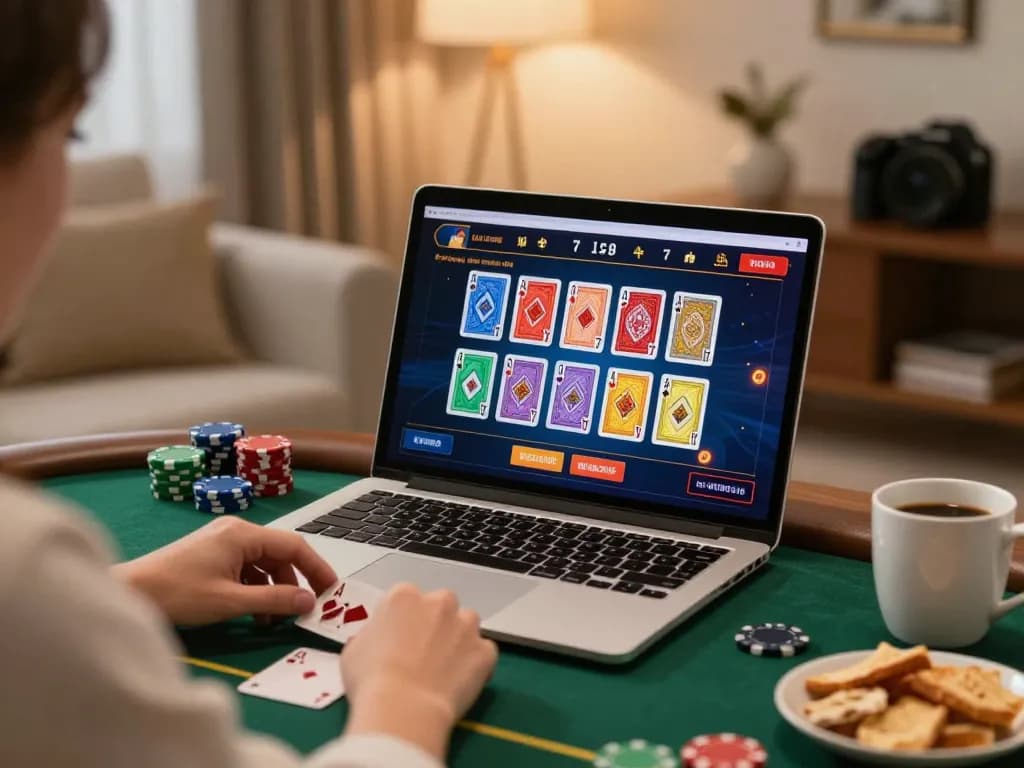Engaging online poker gameplay at home featuring 78win gaming interface on a laptop.