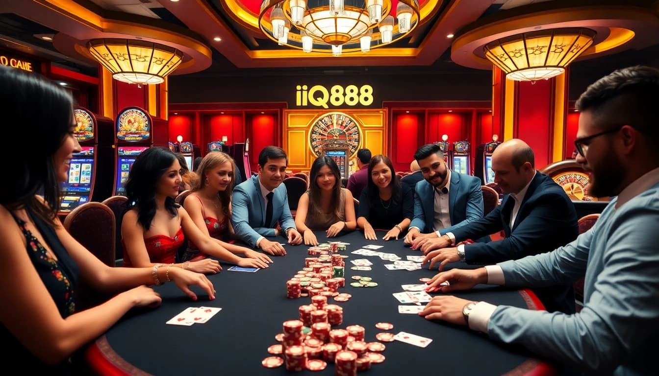 Players enjoying the excitement of gambling at iq88 casino with colorful chips and illuminated slot machines.