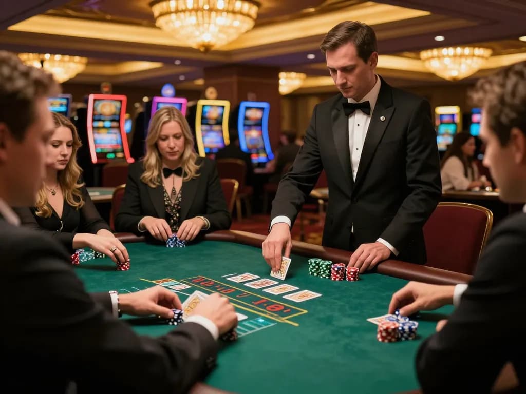 Engaged players at mb66 blackjack table strategically placing bets amidst vibrant casino ambiance.