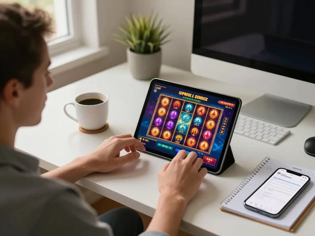 Player engaging with GO8 slots online in a modern home setup, emphasizing strategic gaming.
