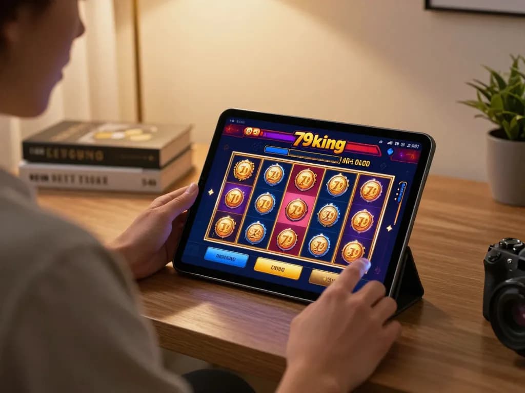 Player exploring 79king slot games on tablet, enjoying cozy home gaming setup.
