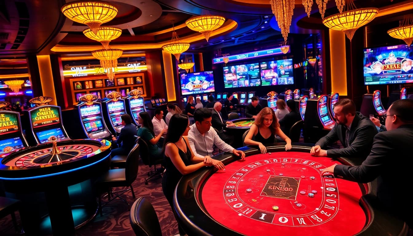 Casino players enjoying thrilling games at King88, featuring roulette and slot machines.