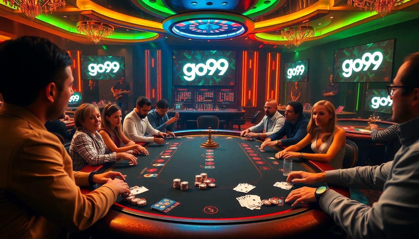 Excited players engaging at a go99 poker table in a luxurious casino setting.