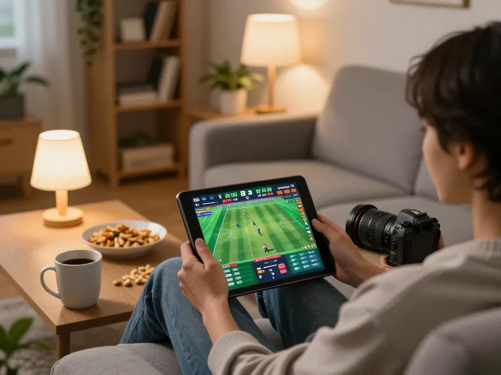 Socolive user enjoying live sports betting in a cozy home setup with vibrant interface.