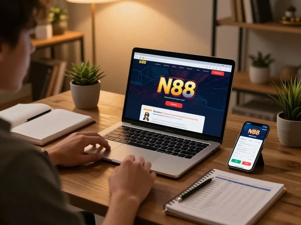 Engaged player using N88 for online gambling with strategy notes and smartphone on desk.