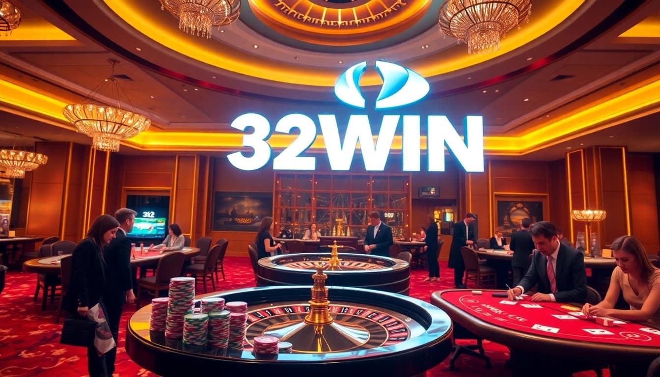 32WIN casino scene with players engaged in poker, roulette, and betting excitement.