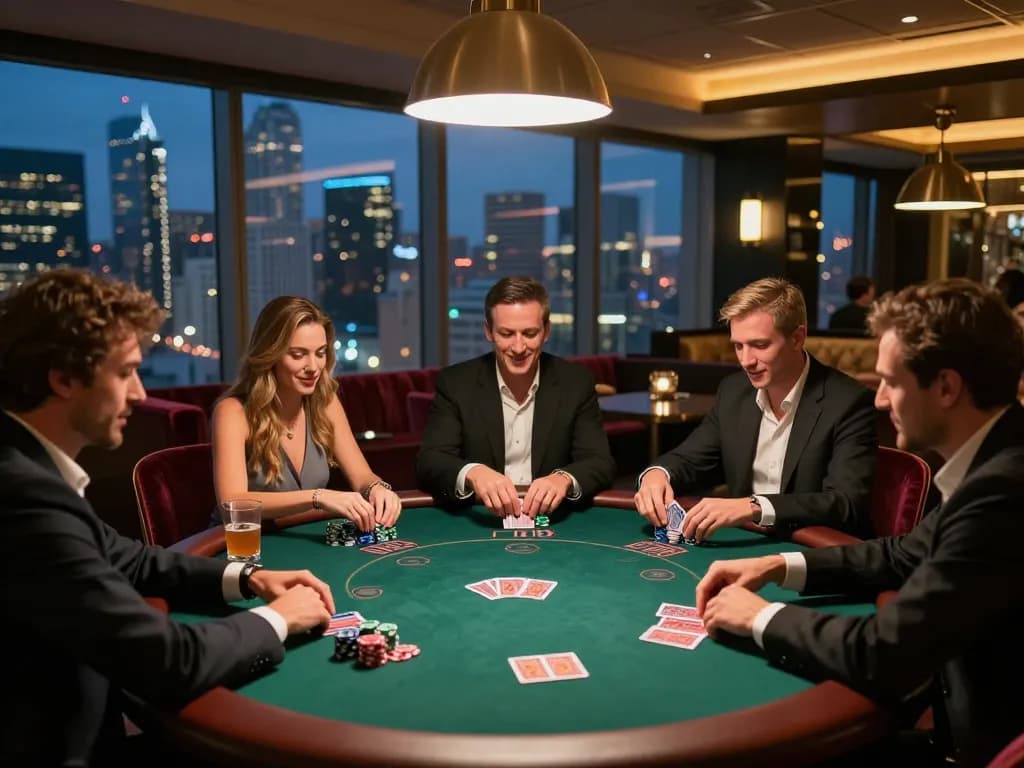 Players enjoying a thrilling poker game in a sophisticated setting, reflecting the excitement of soibet