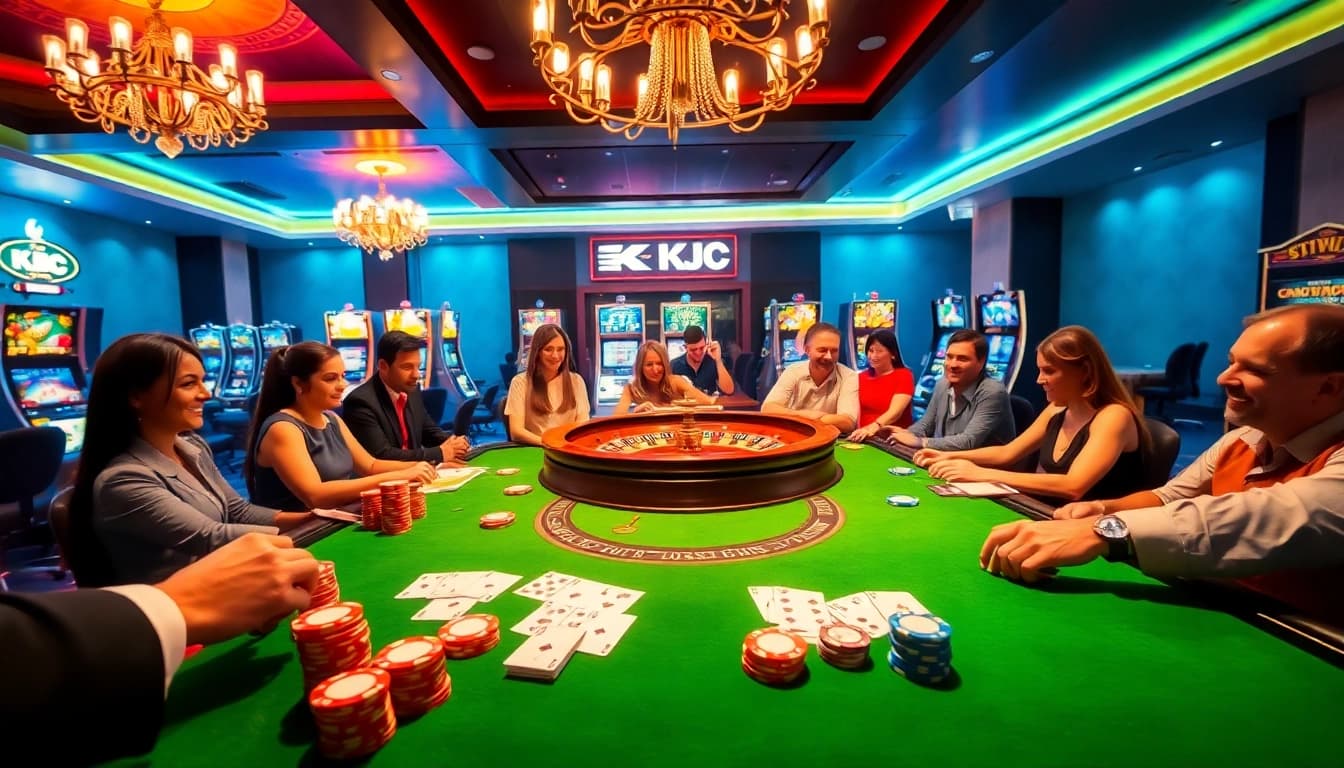 KJC casino scene with luxurious poker table, vibrant slot machines, and excited players.