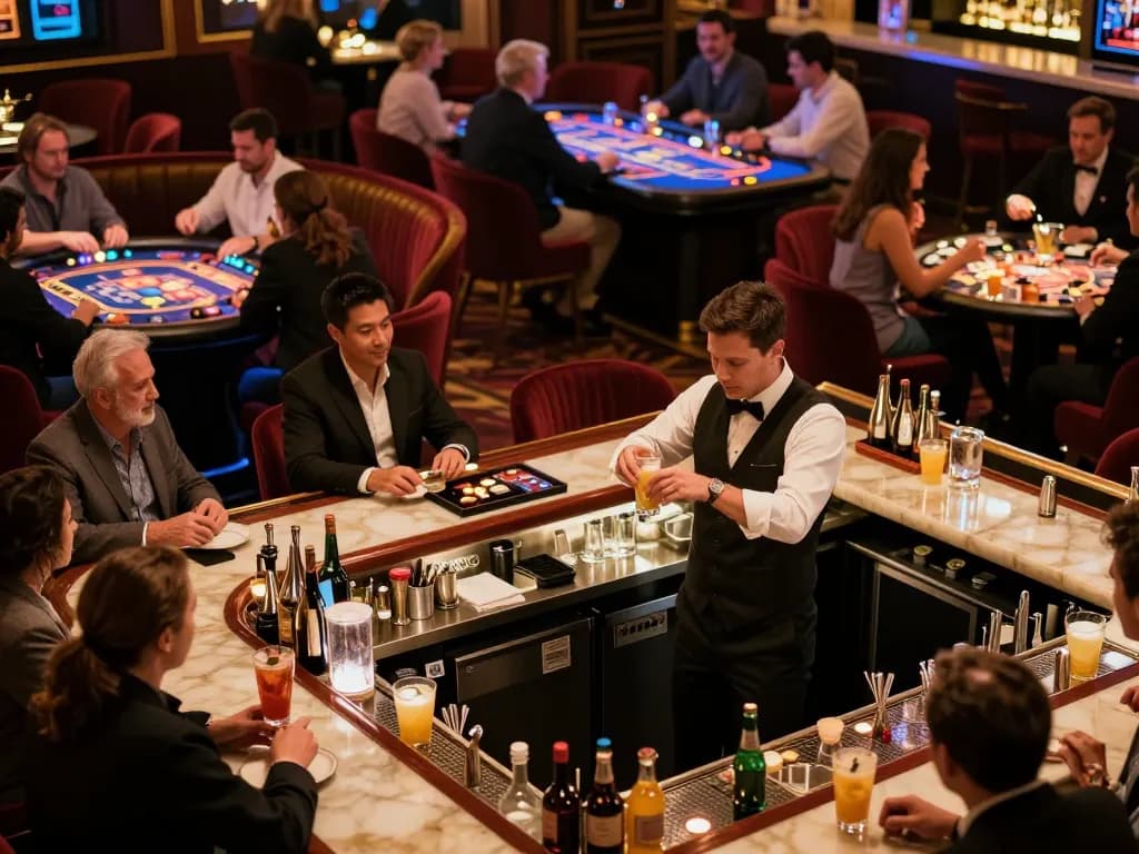 X88 patrons enjoying drinks at a luxurious casino bar, highlighting vibrant atmosphere and social gaming.