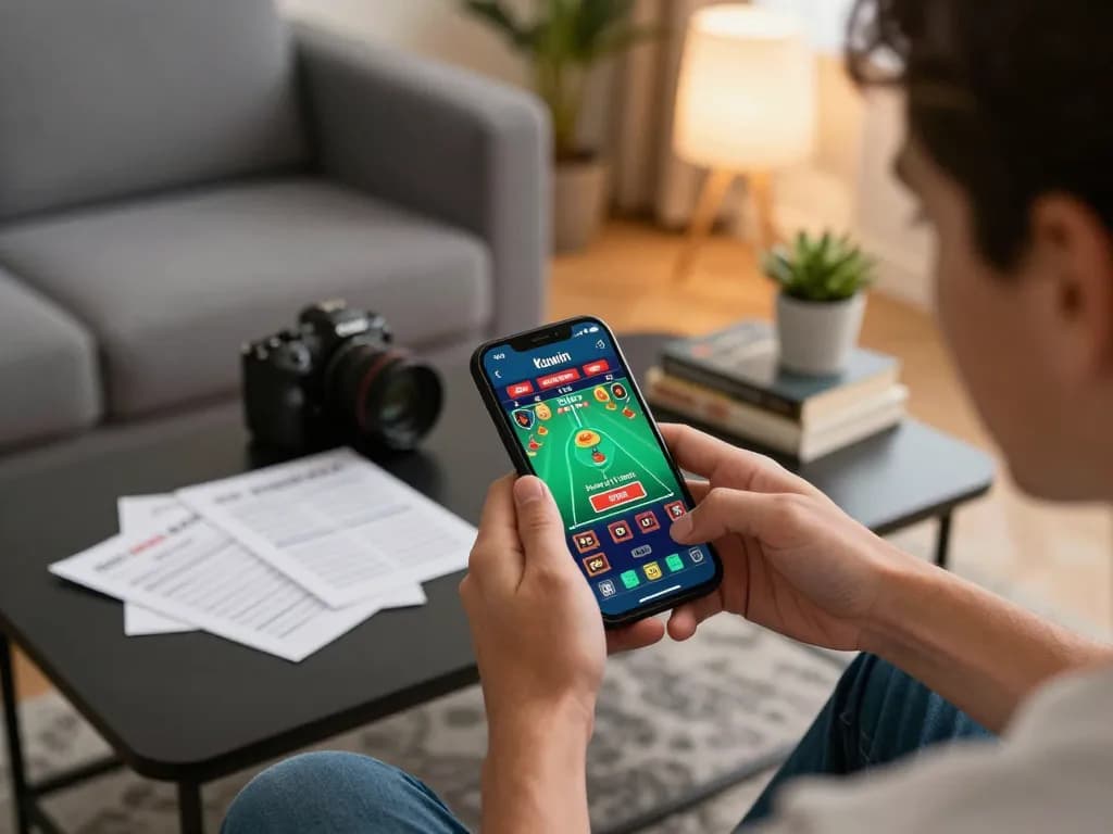 Kuwin app interface displayed on smartphone in a cozy home setting, highlighting responsible online gaming.
