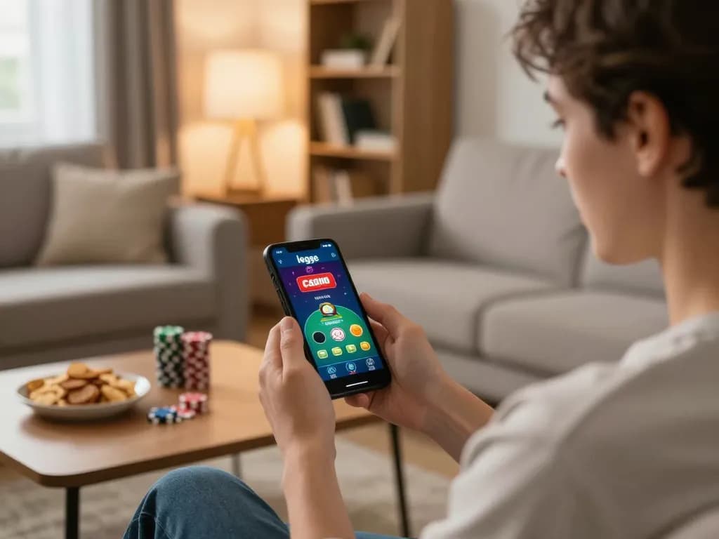 Engaged user playing legge online casino app on smartphone in cozy home setting.
