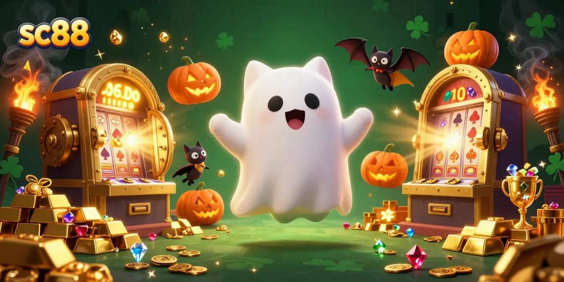 Play exciting games at sc88 where the animated ghost cat unveils hidden treasures in a vibrant casino scene.