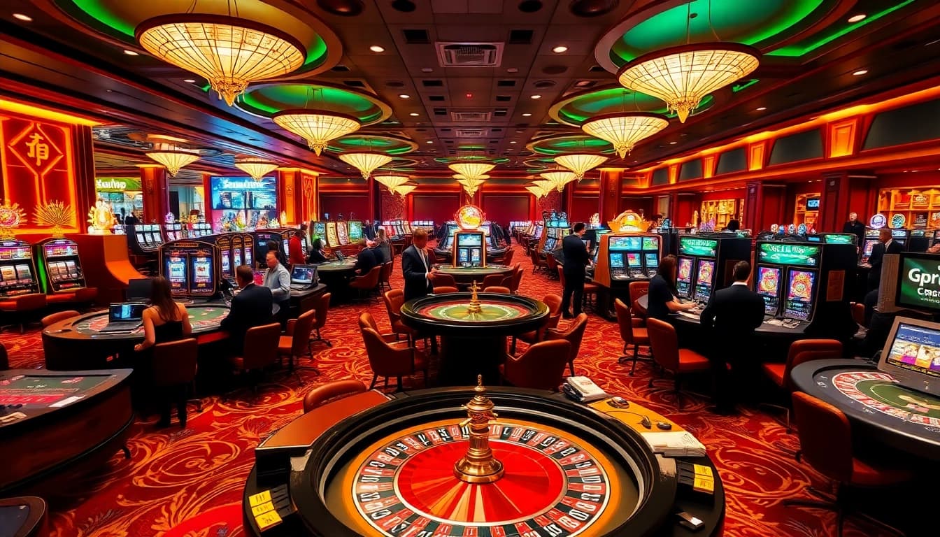 Sunwin casino players enjoying vibrant gaming with luxurious tables and dynamic slot machines.
