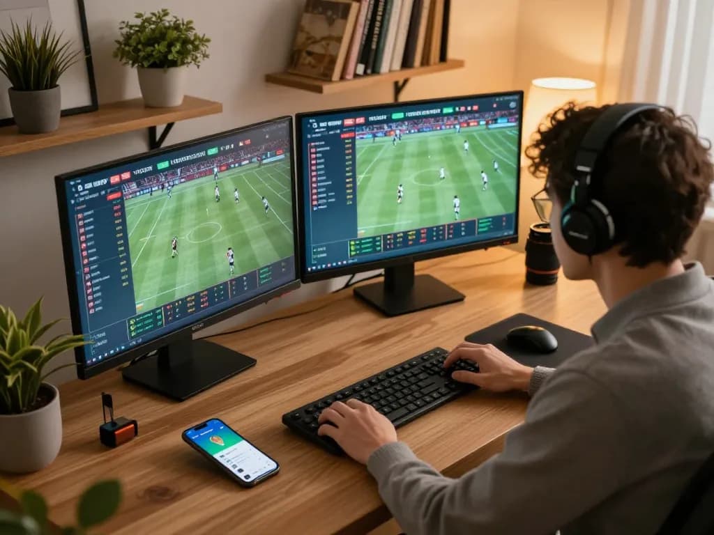 Person engaged in sports betting on vipwin2 using dual screens with live odds and apps in a stylish home office.