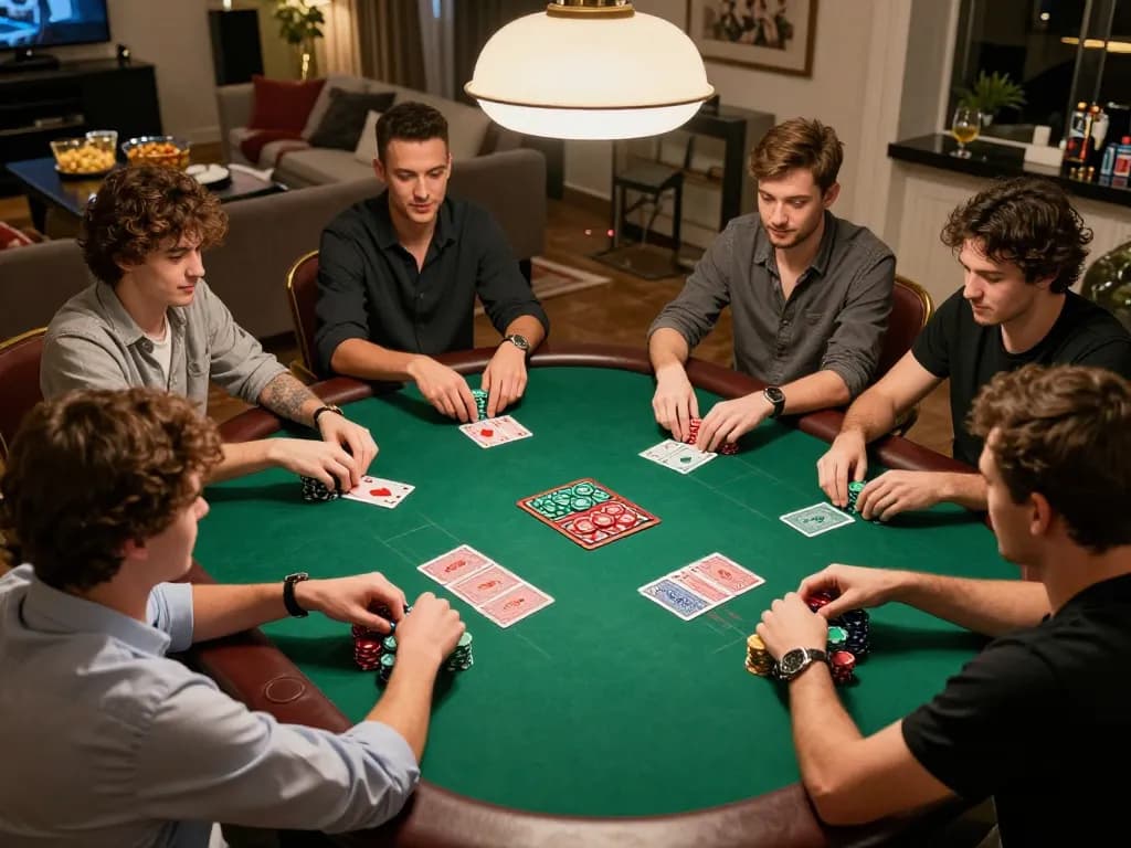 Players engaging in a live poker game at home, fly88 chips stacked, showcasing strategic gameplay.