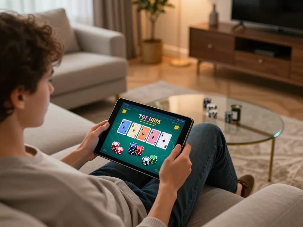Engaging online gambling session using luck8l on a tablet with warm home atmosphere.