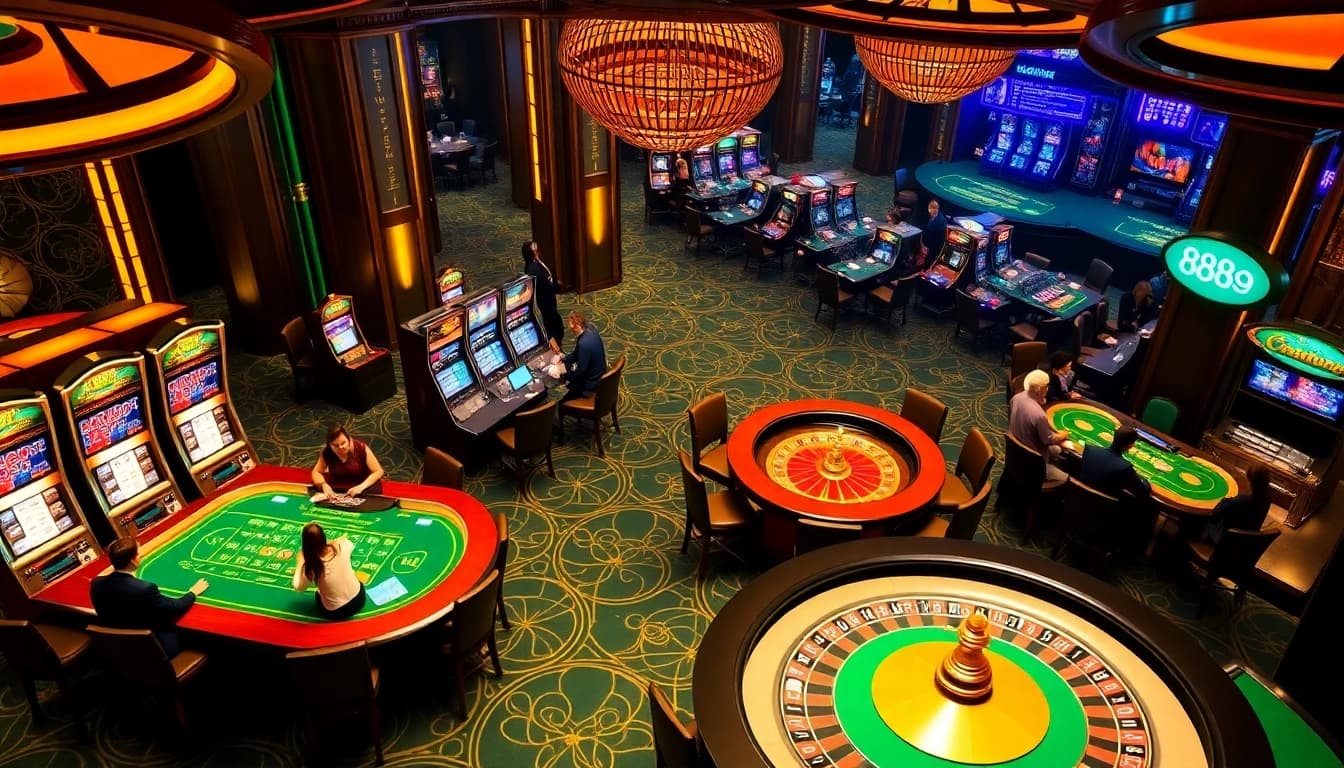 Experience the excitement of 888P casino games featuring players at tables and vibrant slot machines.