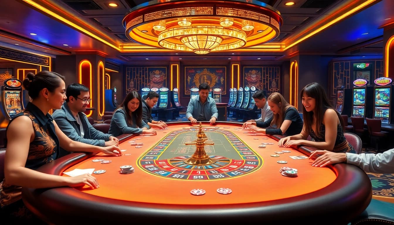 Experience the thrill of betting at ok9's vibrant casino tables and live roulette wheel.