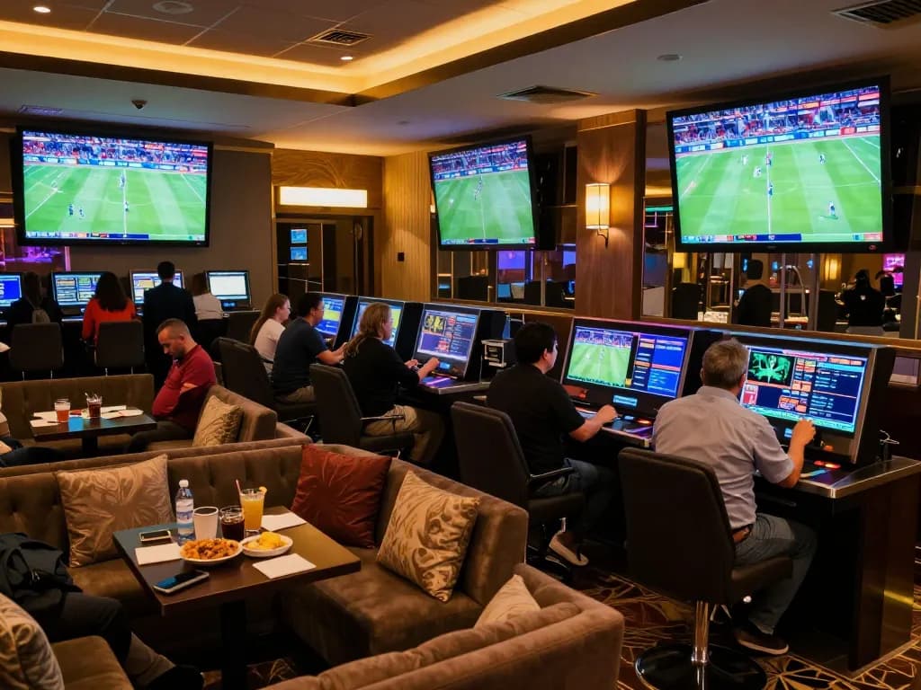 Users placing bets on Keo nha cai 5 while enjoying live sports in a luxury casino lounge.