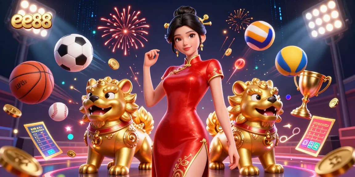 Engage with ee88's vibrant casino atmosphere featuring dynamic sports betting elements and glamorous characters.