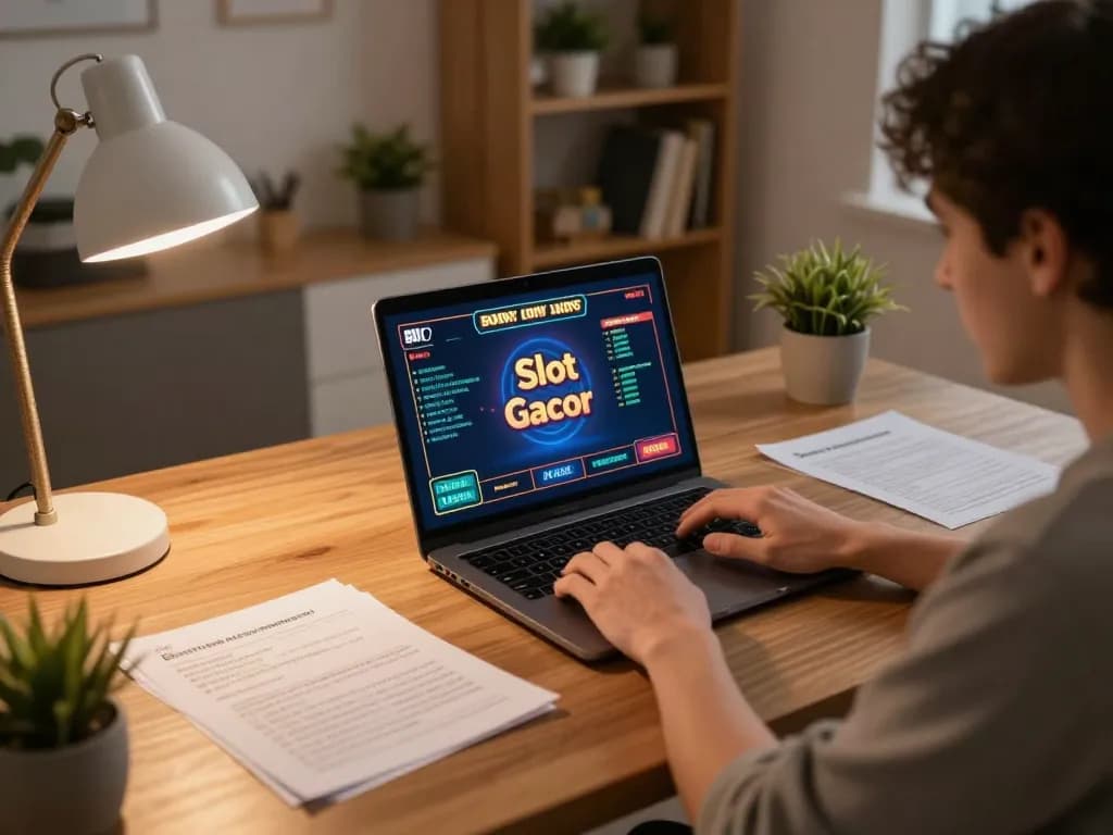 Player engaging in Slot Gacor on a laptop at home, showcasing strategy notes and a cozy gaming atmosphere.