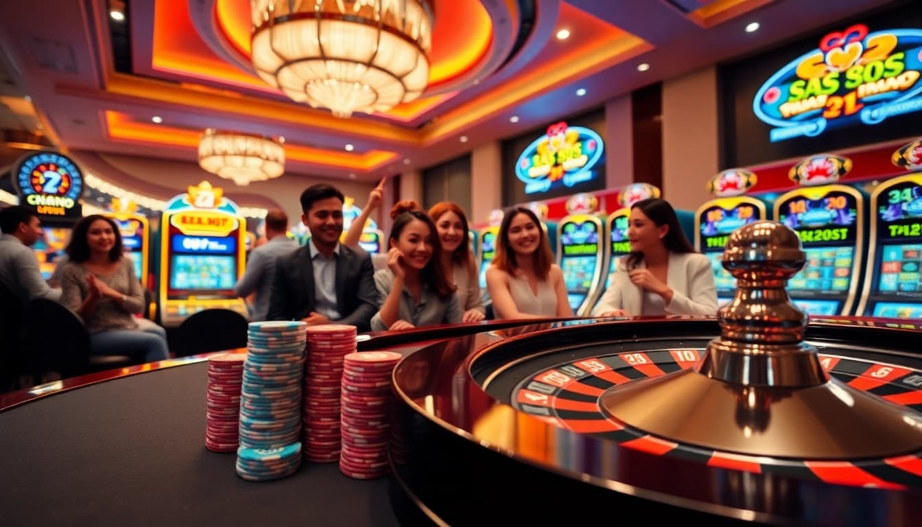 Engaging gamblers at a vibrant casino featuring online interfaces from https://gg88.mobi/ with lively players and roulette wheel.