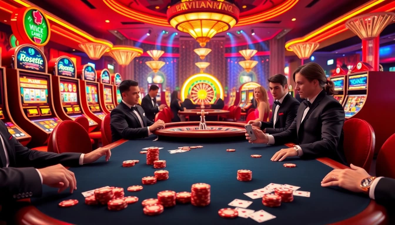 Experience high-stakes poker excitement at https://mm88.report/, featuring players, chips, and vibrant casino ambiance.