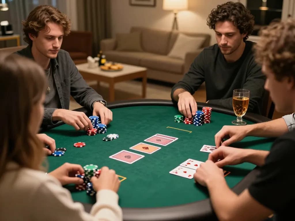 TWIN68 players enjoying an intense poker game at home with colorful chips and cards.