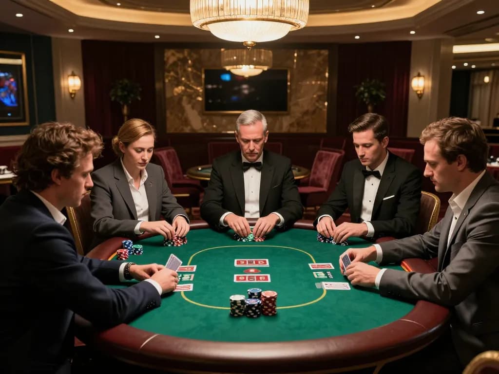 Poker players engaging in an SC88-themed high-stakes game in an elegant casino