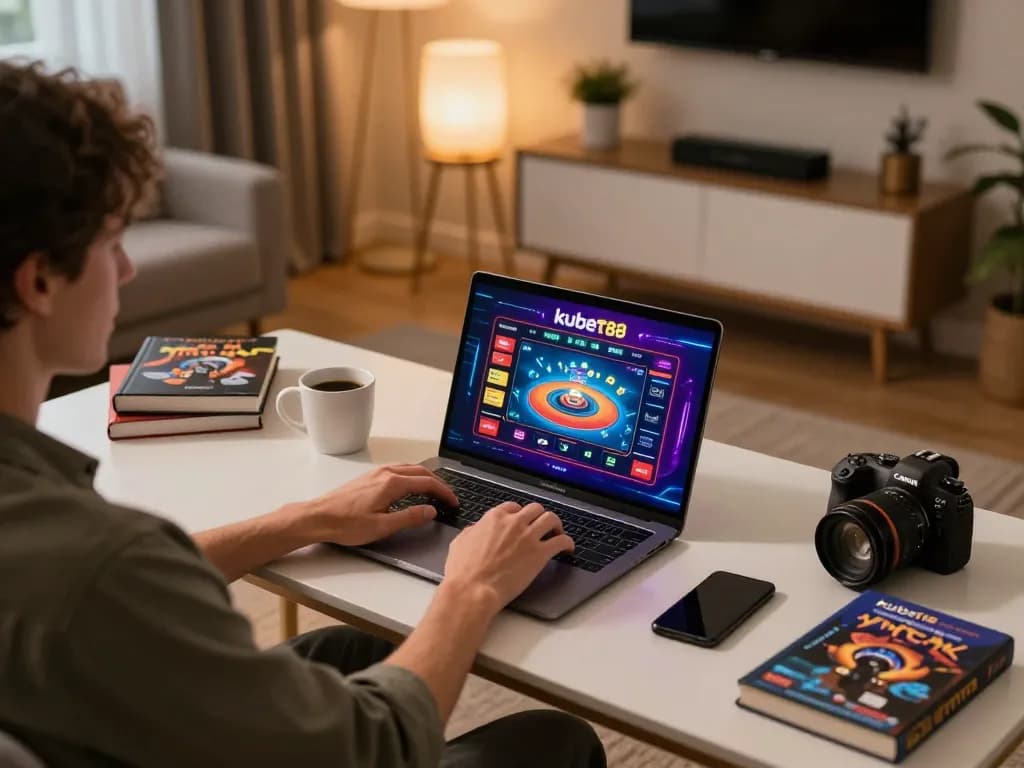 Engaged player using kubet88 on laptop for online casino gaming in a modern setup