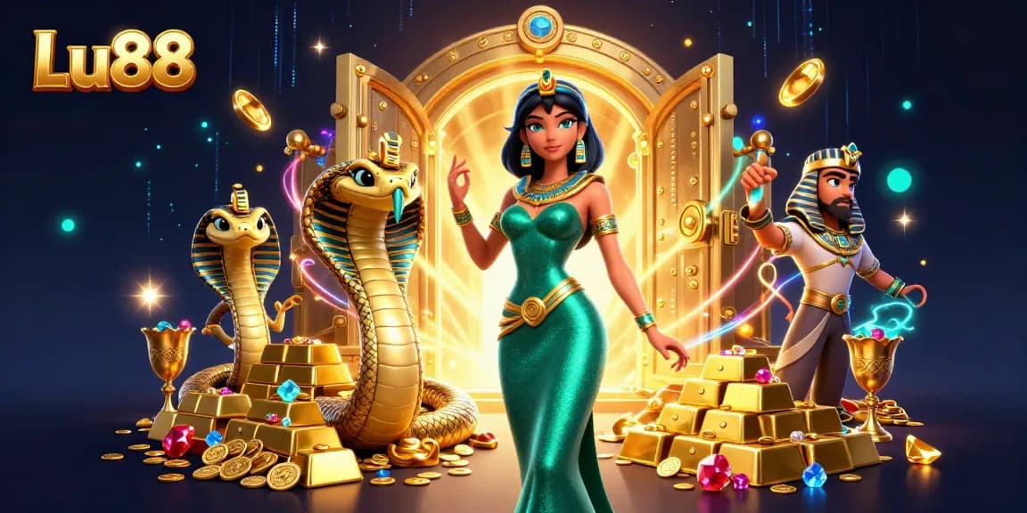 Experience exhilarating gameplay at Lu88 with a stunning woman and golden cobra, surrounded by treasures.