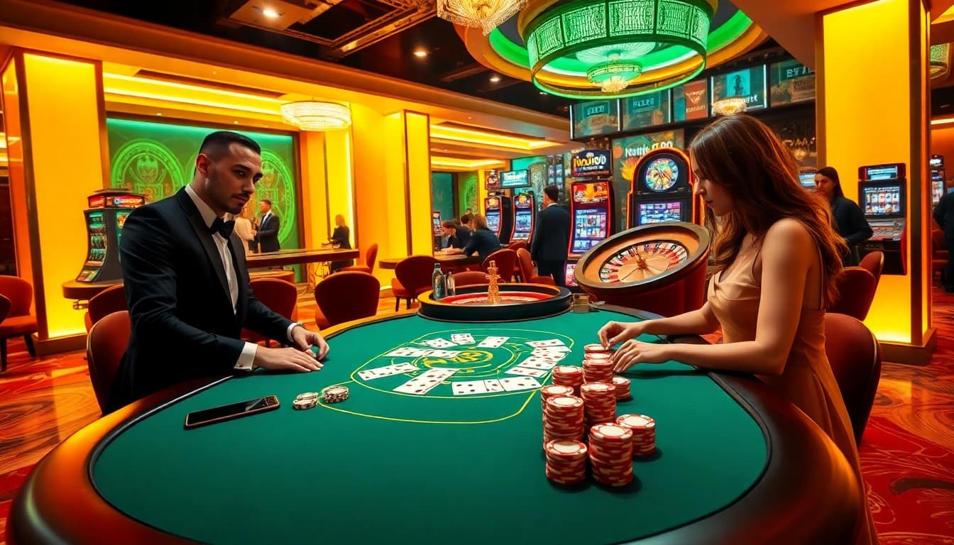 Experience excitement at the casino gaming table with NOHU90, featuring poker chips and players in action.
