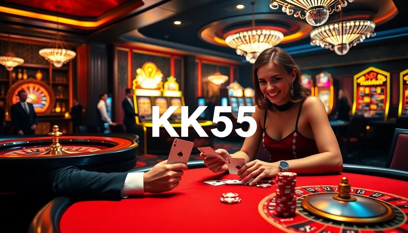 Players enjoying high-stakes poker at the KK55 casino with chips and roulette.