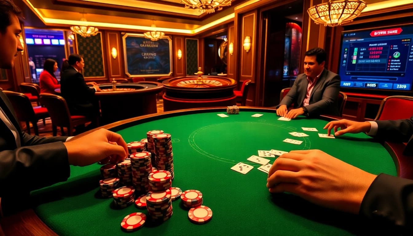 Experience the thrill of gambling at bomwin1.it.com with this luxurious casino scene featuring intense poker gameplay.