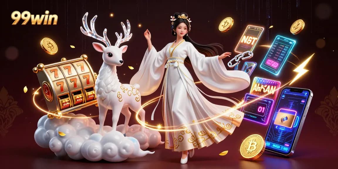 Win big at 99win with a vibrant illustration of slot gaming excitement and cryptographic innovation