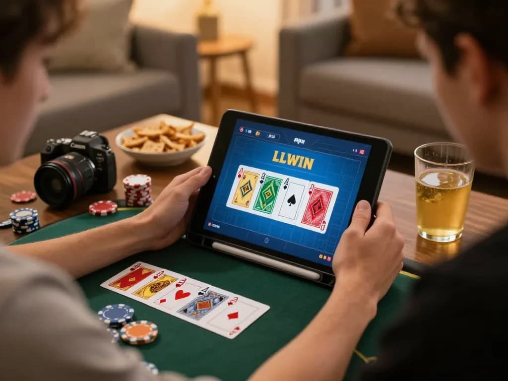 Player enjoying a game on LLWIN with colorful cards visible, set in a cozy living room.