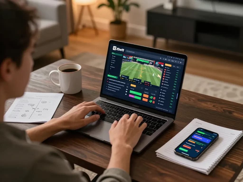 Engaged player using zbett for online sports betting at home with strategic notes.